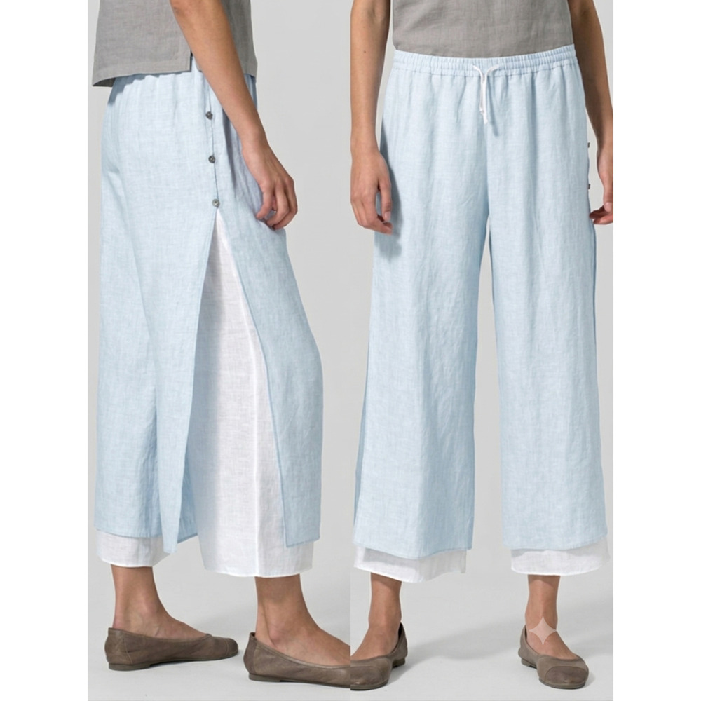 VIVID 100% Linen Double Layer Statement Cropped pant sea shell button Size-L - Picture 11 of 13
